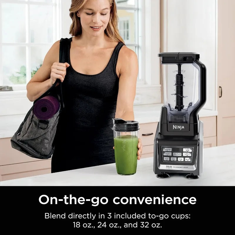 Ninja BL642 Personal & Countertop Blender w 1200W Auto-iQ Base, 72 oz. Pitcher, 18, 24, & 32 oz. To-Go Cups w Spout Lids, Black