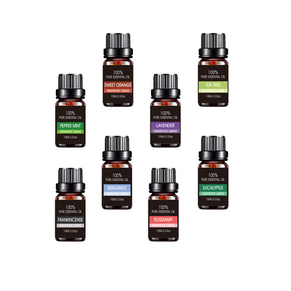 set of natural essential oil bottles arranged for aromatherapy use