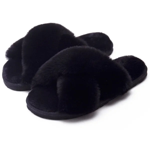 Women’s Plush Crisscross Slippers – Soft Faux-Fur Indoor Comfort