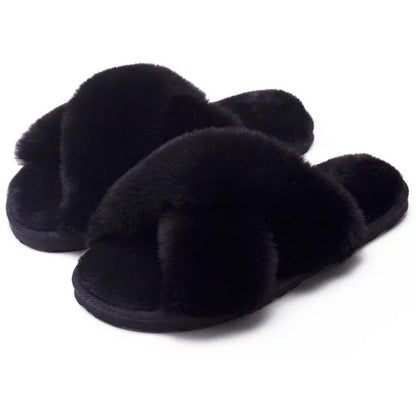 Women’s Plush Crisscross Slippers – Soft Faux-Fur Indoor Comfort