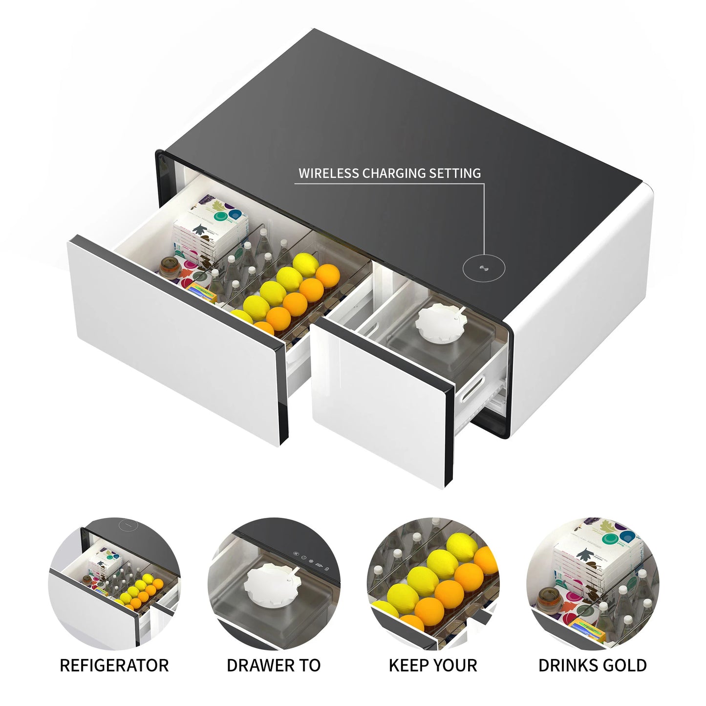 Modern Smart Mini Coffee Table W/Built in Fridge Wireless Charging Module Mechanical Temperature Control Power Cocket USB