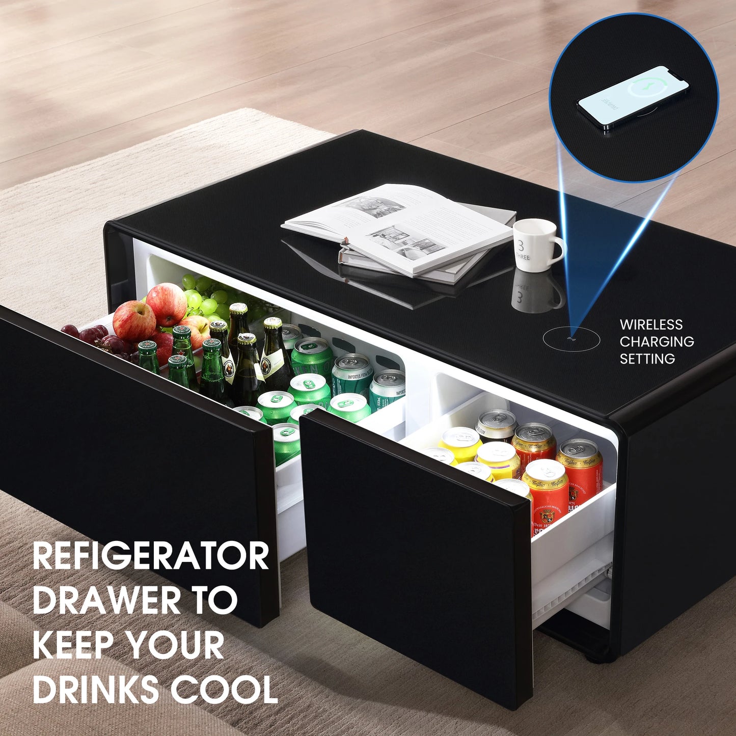 Modern Smart Mini Coffee Table W/Built in Fridge Wireless Charging Module Mechanical Temperature Control Power Cocket USB