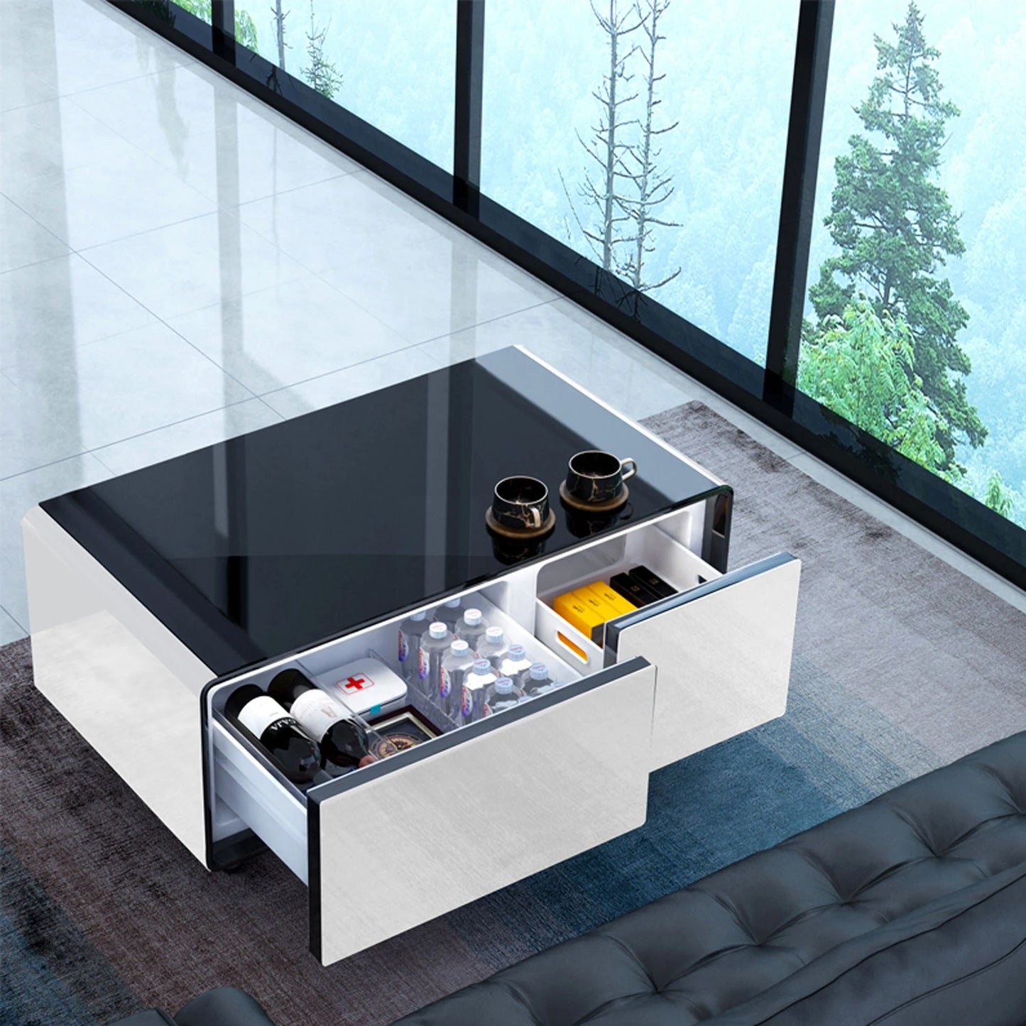 Modern Smart Mini Coffee Table W/Built in Fridge Wireless Charging Module Mechanical Temperature Control Power Cocket USB