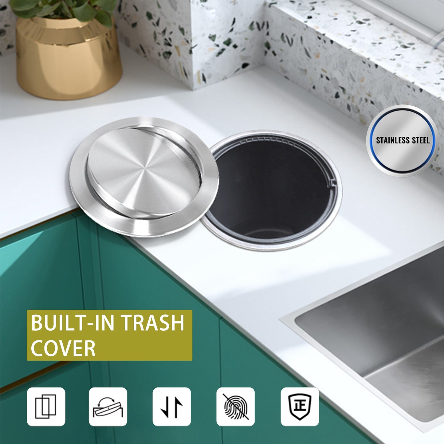 Stainless Steel Garbage Flap Lid Trash Bin Cover Flush Built-in Balance Swing Flap Garbage Lid for Kitchen Counter Top C