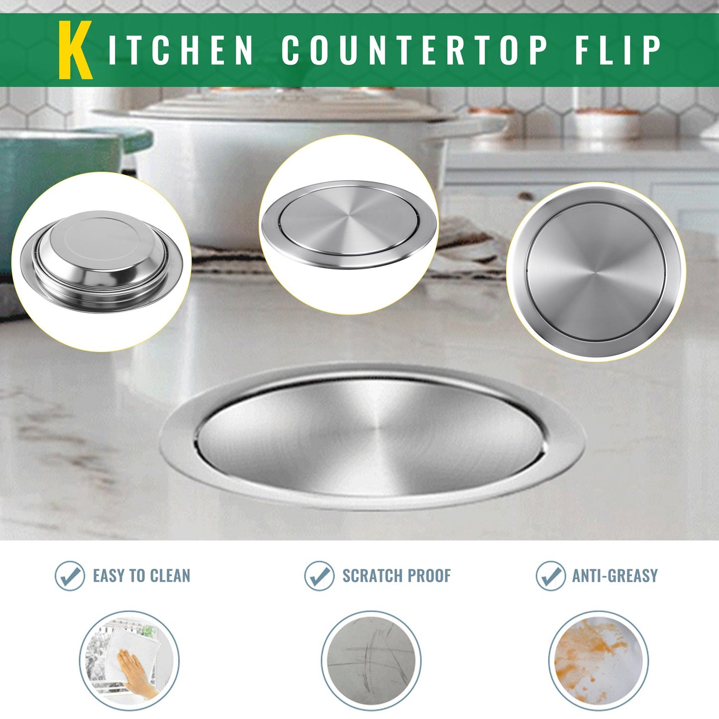 Stainless Steel Garbage Flap Lid Trash Bin Cover Flush Built-in Balance Swing Flap Garbage Lid for Kitchen Counter Top C