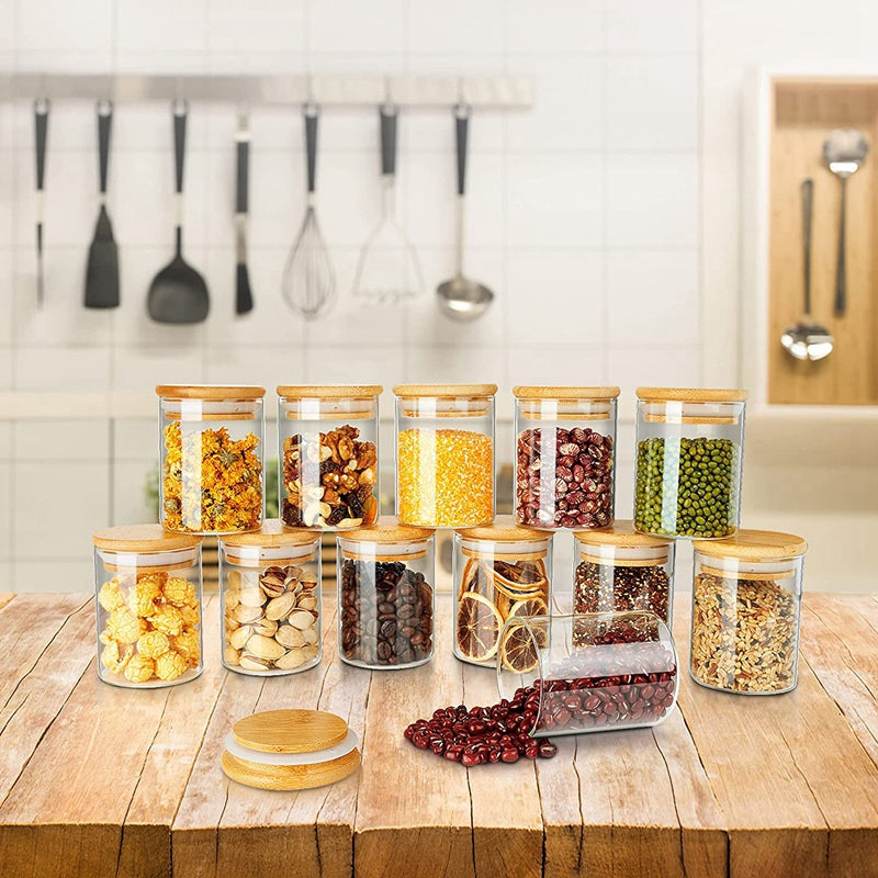 12 Pack Glass Jars Set, Spice Jars with Bamboo Lids, Clear Glass Food Storage Containers, Kitchen Canisters Set