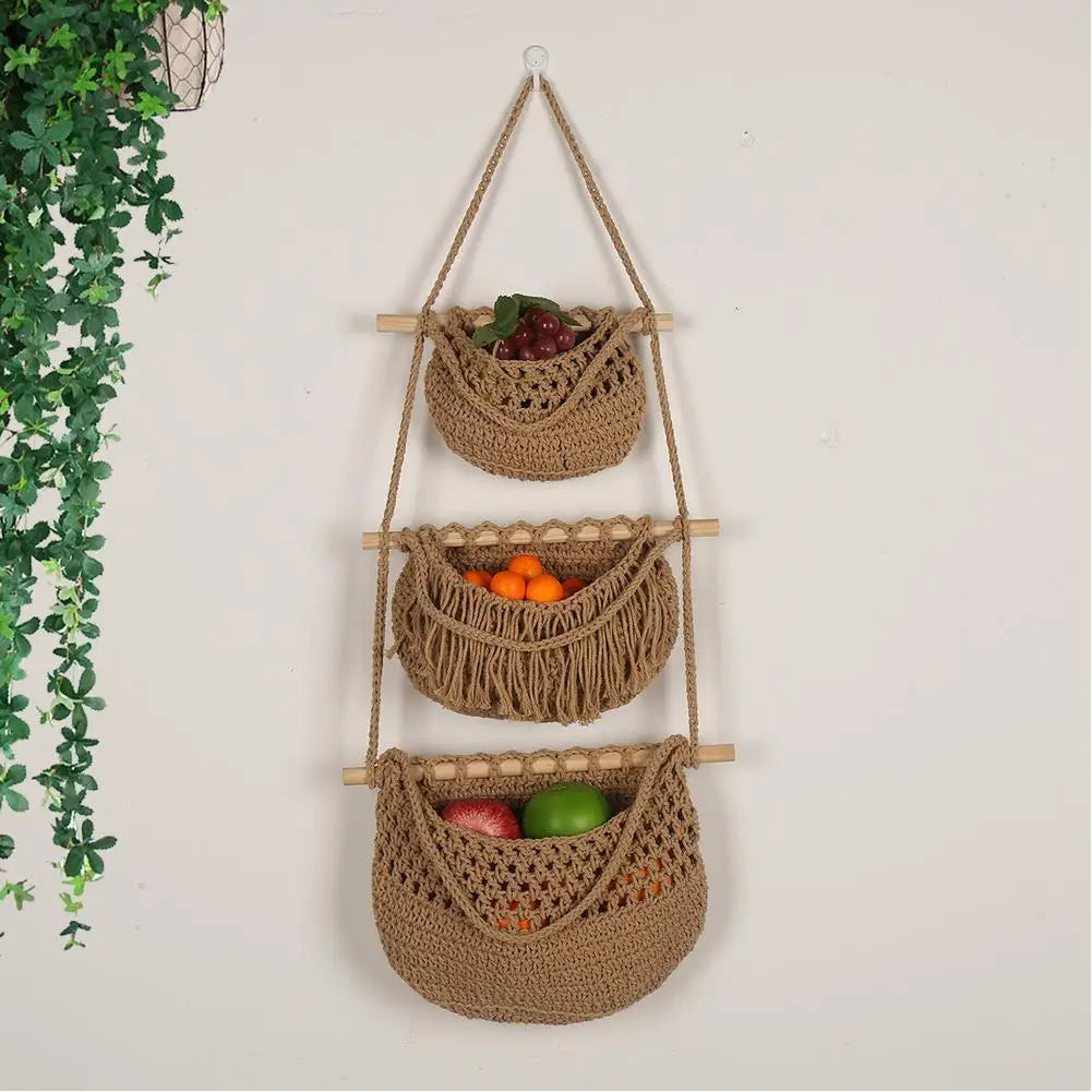 Hanging Fruit Baskets for Kitchen, 3 Tier Bohemian Wall Hanging Basket, Handwoven Teardrop Hanging Baskets for Storage