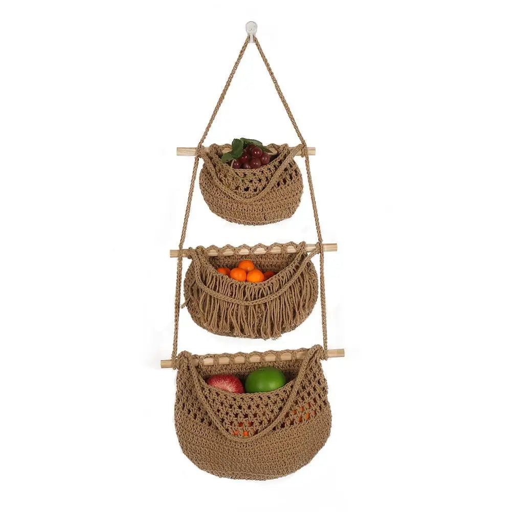 Hanging Fruit Baskets for Kitchen, 3 Tier Bohemian Wall Hanging Basket, Handwoven Teardrop Hanging Baskets for Storage