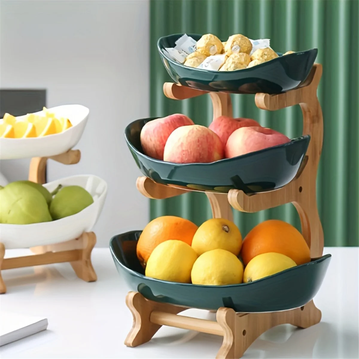 Fruit Plate, Living Room Kitchen Snack Plate, Modern Dried Fruit Plate Stand Cake Stand, Fruit Basket Green Double Layer