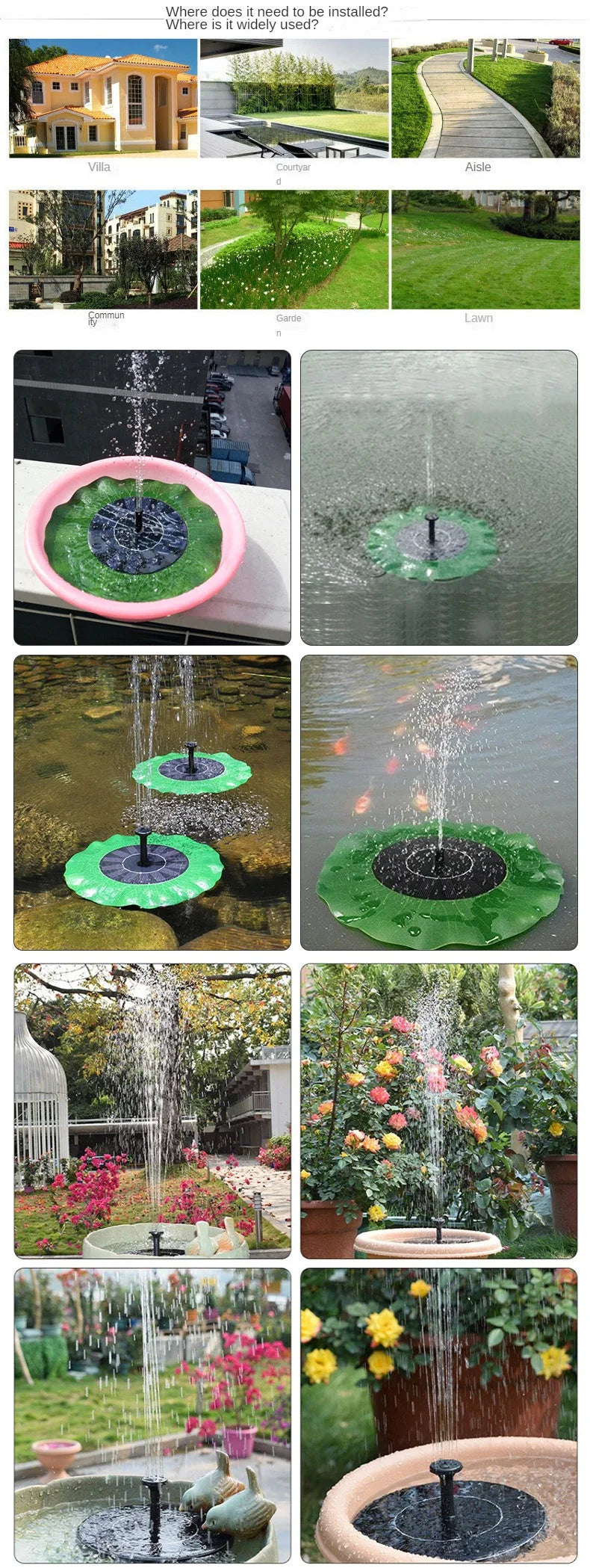 Floating solar fountain, multi-functional garden landscape without charging lotus leaf, park pond, adjustable nozzle