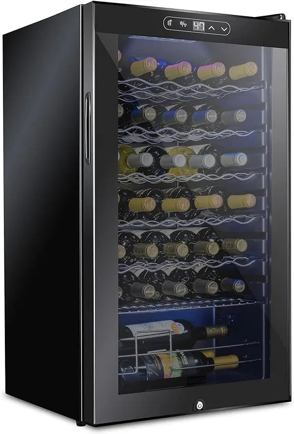 34 Bottle Compressor Wine Cooler Refrigerator w/Lock Large Freestanding Wine Cellar 41f-64f Digital Temperature Control Fridge