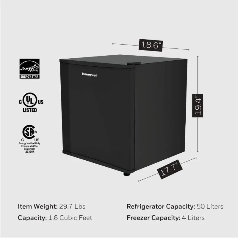 Honeywell Compact Refrigerator 1.6 Cu Ft Mini Fridge with Freezer, Single Door, Low noise, for Bedroom, Office  with Adjustable