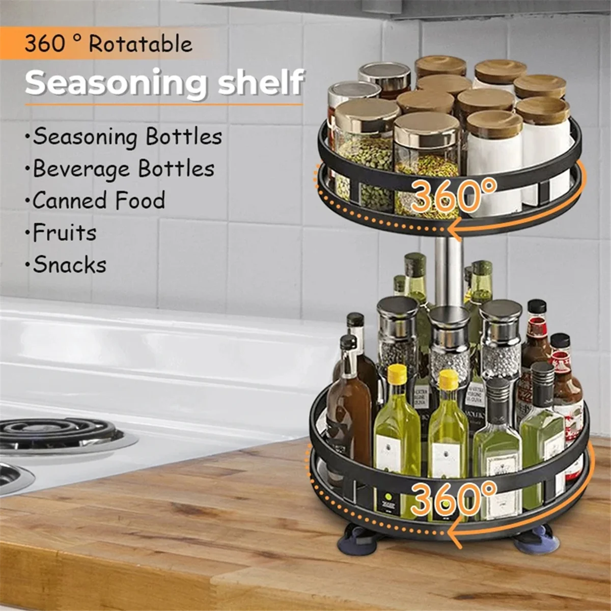 360-Degree Rotating Seasoning Rack Non-Slip Carbon Steel Storage Tray for Storage Tank Seasoning Kitchen Parts A