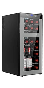 Wine Fridge Dual Zone,18 Bottles Wine Cooler Refrigerator Chiller Upper Zone 46f-54f Lower Zone 54f-65f for Red White Wine Champ