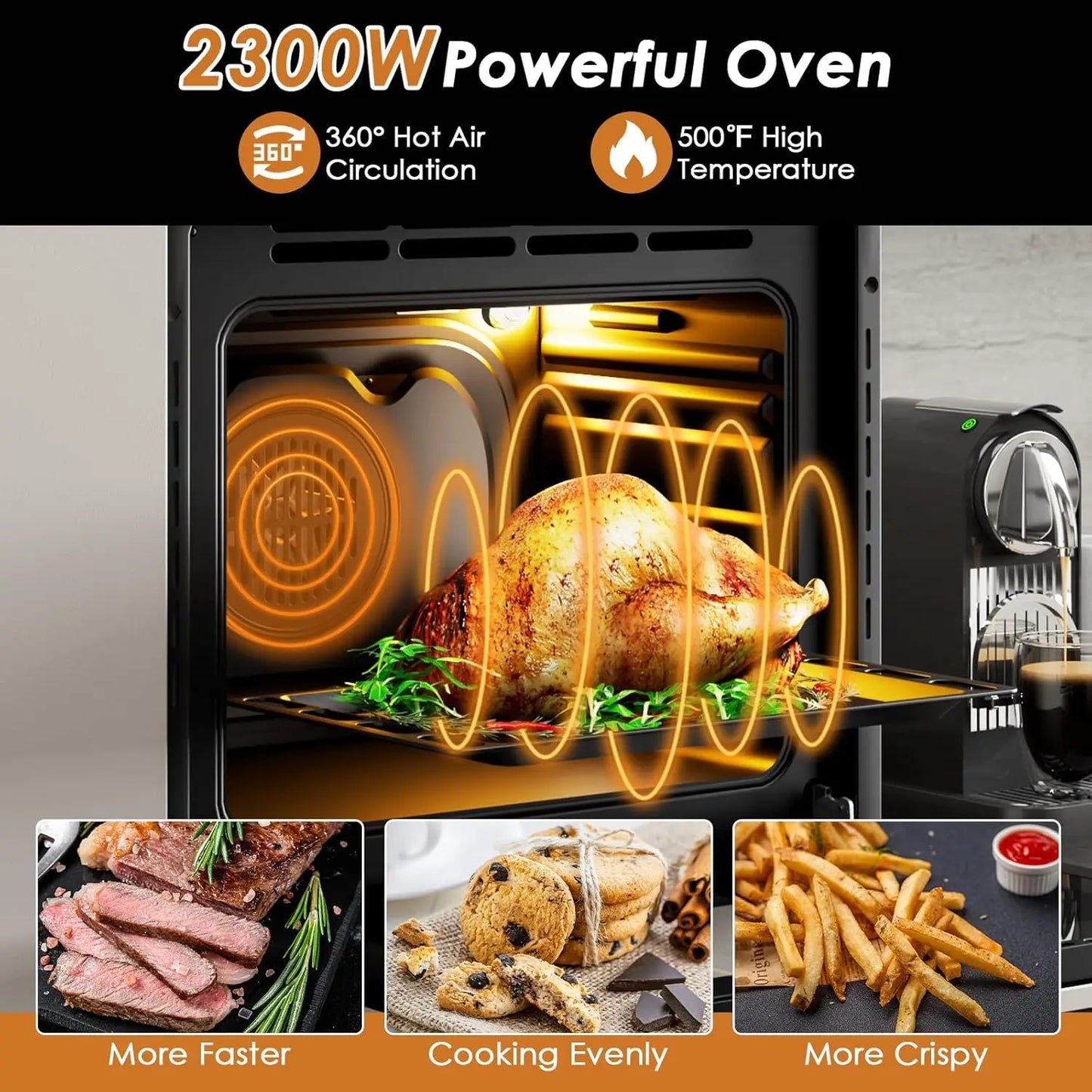 Costway 24"" Electric Single Wall Oven, 2300W Built-In Wall Oven With 2.47 Cu. Ft. Capacity, 5 Cooking Modes & 360° Hot Air