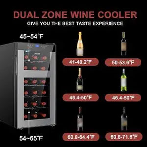 Wine Fridge Dual Zone,18 Bottles Wine Cooler Refrigerator Chiller Upper Zone 46f-54f Lower Zone 54f-65f for Red White Wine Champ