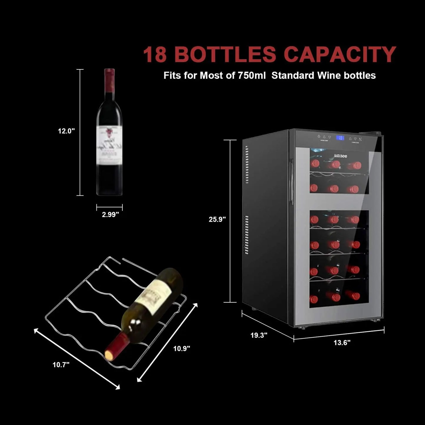 Wine Fridge Dual Zone,18 Bottles Wine Cooler Refrigerator Chiller Upper Zone 46f-54f Lower Zone 54f-65f for Red White Wine Champ