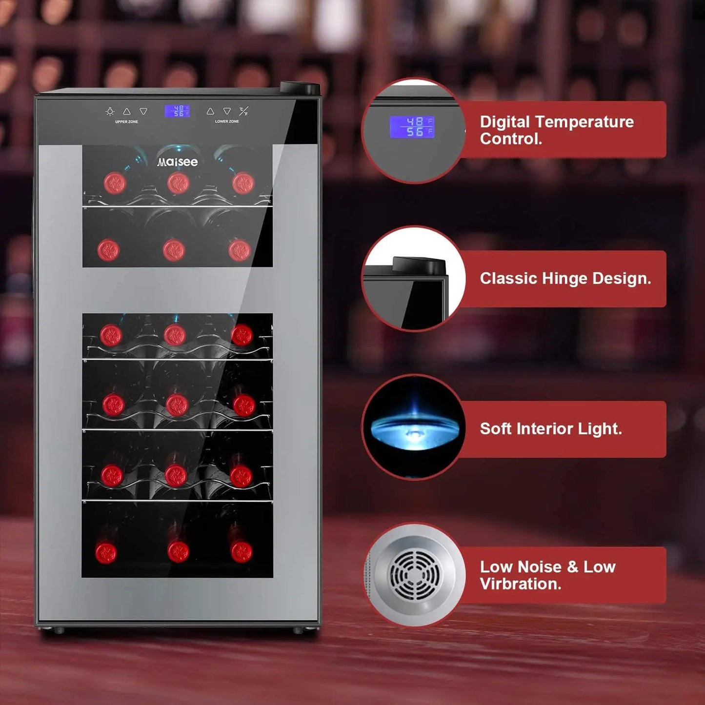 Wine Fridge Dual Zone,18 Bottles Wine Cooler Refrigerator Chiller Upper Zone 46f-54f Lower Zone 54f-65f for Red White Wine Champ