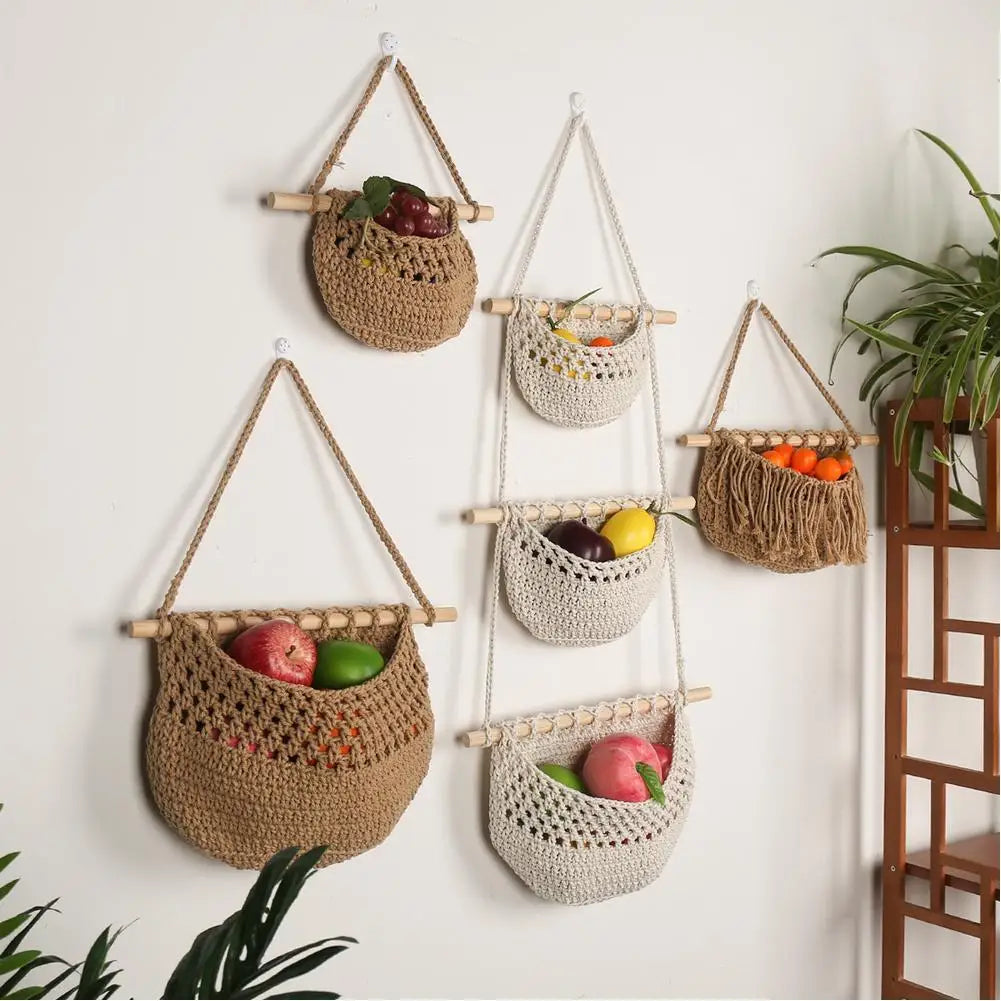 Hanging Fruit Baskets for Kitchen, 3 Tier Bohemian Wall Hanging Basket, Handwoven Teardrop Hanging Baskets for Storage