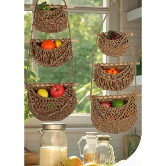 Hanging Fruit Baskets for Kitchen, 3 Tier Bohemian Wall Hanging Basket, Handwoven Teardrop Hanging Baskets for Storage