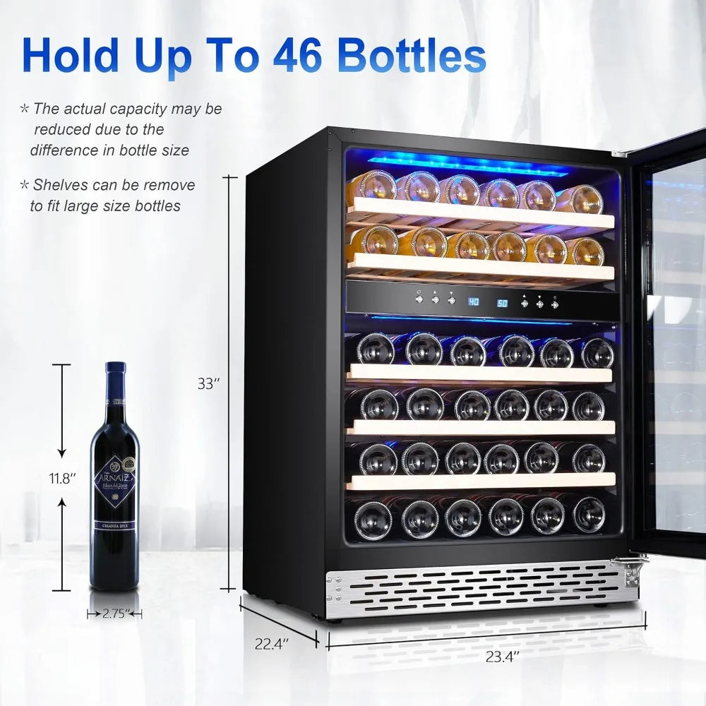 Wine Refrigerator, 24 inch-46 Bottles Wine Cooler, Built-in Wine Fridge Under Counter or Freestanding Dual Zones