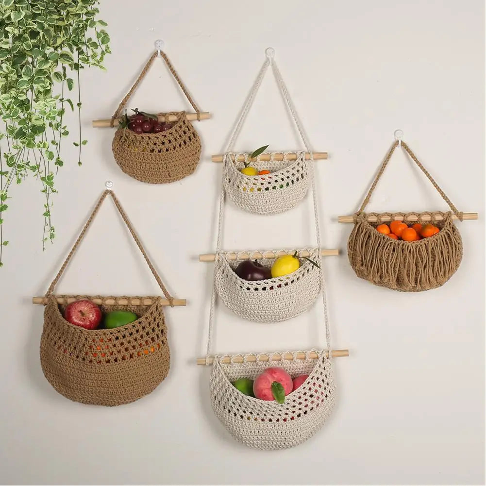 Hanging Fruit Baskets for Kitchen, 3 Tier Bohemian Wall Hanging Basket, Handwoven Teardrop Hanging Baskets for Storage