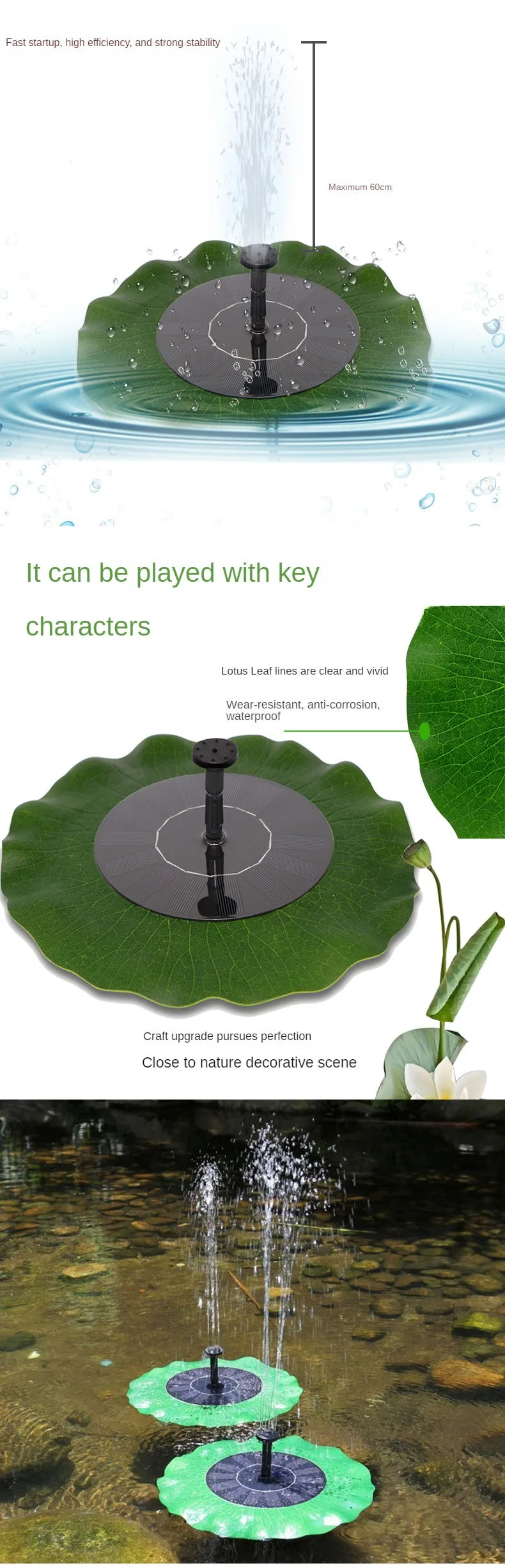 Floating solar fountain, multi-functional garden landscape without charging lotus leaf, park pond, adjustable nozzle