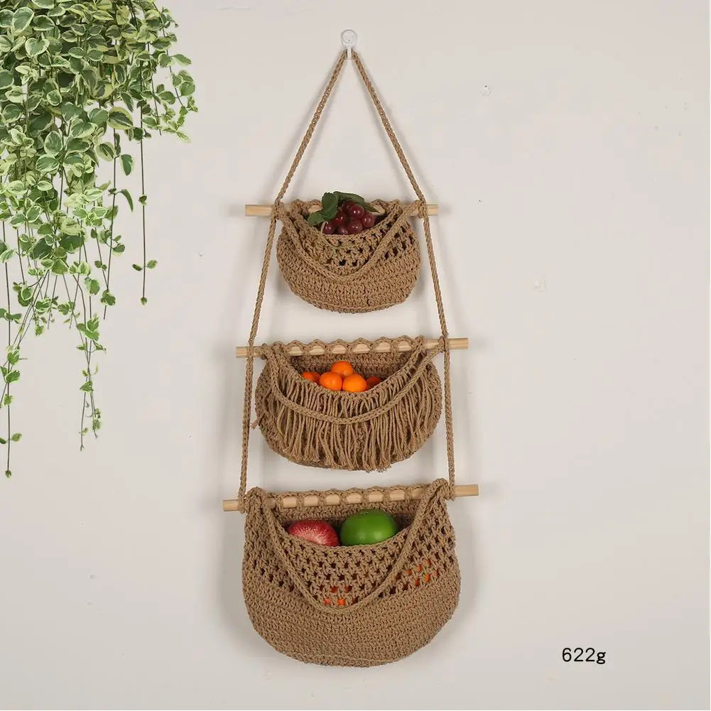 Hanging Fruit Baskets for Kitchen, 3 Tier Bohemian Wall Hanging Basket, Handwoven Teardrop Hanging Baskets for Storage