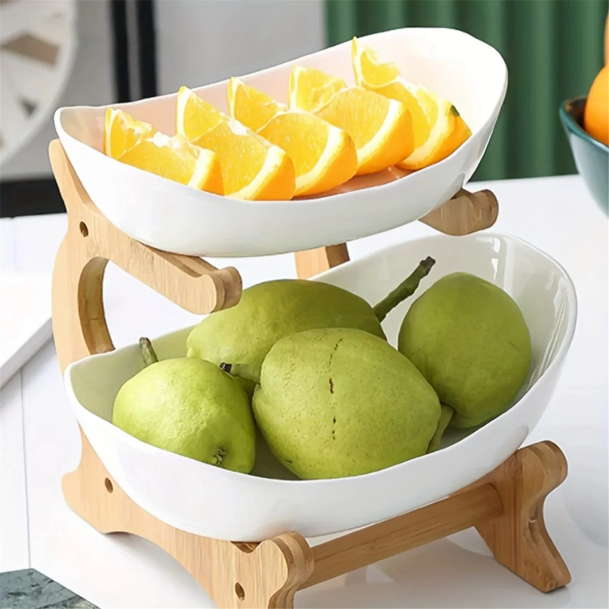 Fruit Plate, Living Room Kitchen Snack Plate, Modern Dried Fruit Plate Stand Cake Stand, Fruit Basket Green Double Layer