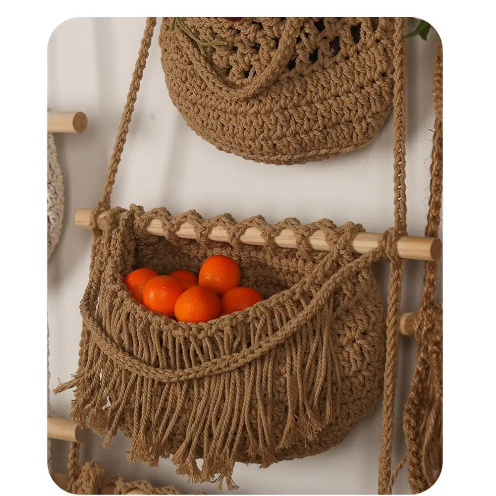 Hanging Fruit Baskets for Kitchen, 3 Tier Bohemian Wall Hanging Basket, Handwoven Teardrop Hanging Baskets for Storage