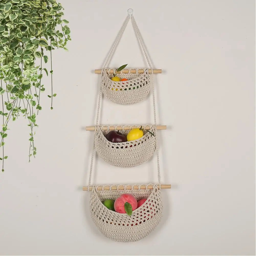 Hanging Fruit Baskets for Kitchen, 3 Tier Bohemian Wall Hanging Basket, Handwoven Teardrop Hanging Baskets for Storage