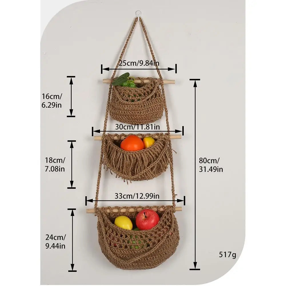 Hanging Fruit Baskets for Kitchen, 3 Tier Bohemian Wall Hanging Basket, Handwoven Teardrop Hanging Baskets for Storage