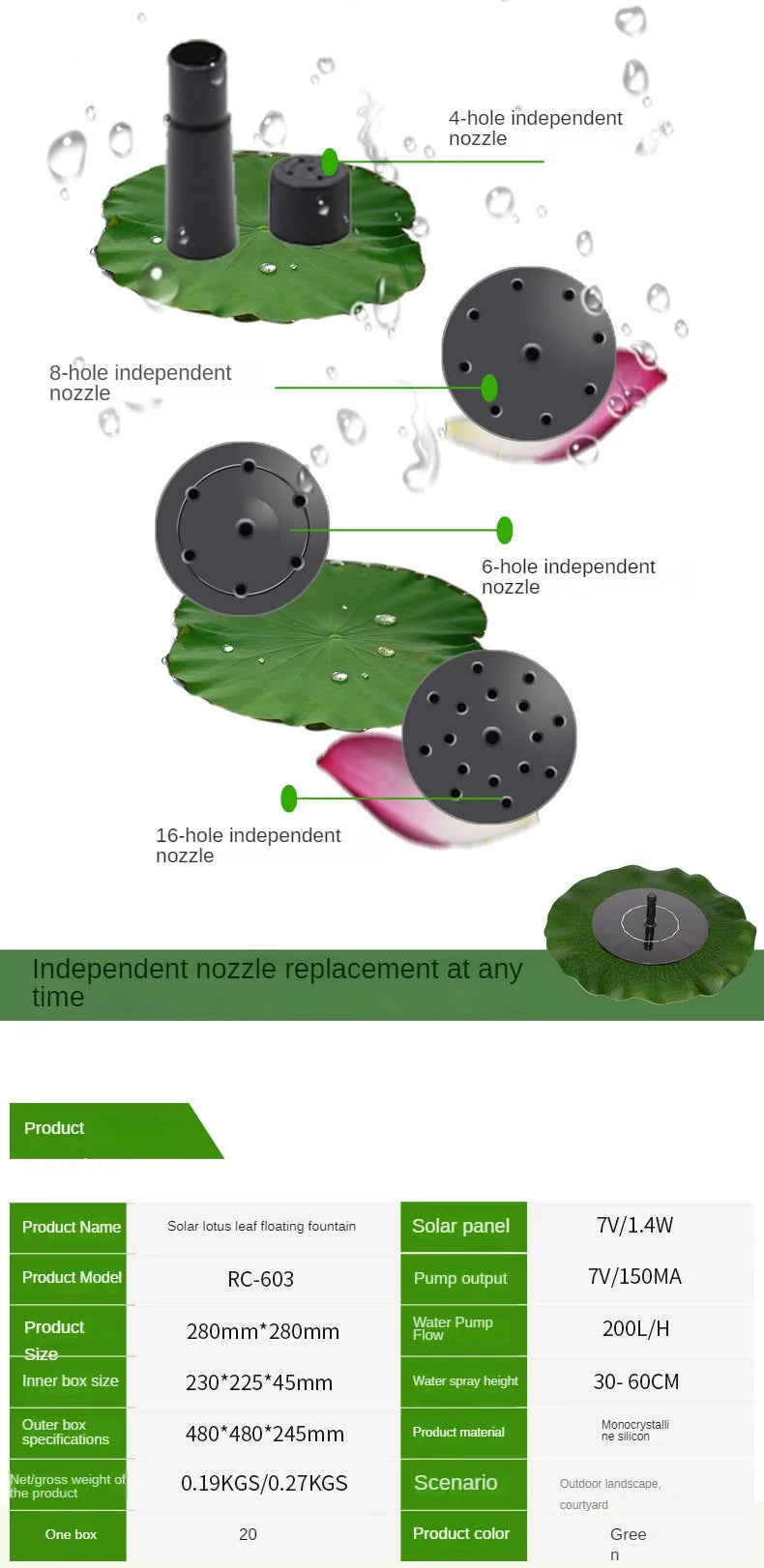 Floating solar fountain, multi-functional garden landscape without charging lotus leaf, park pond, adjustable nozzle