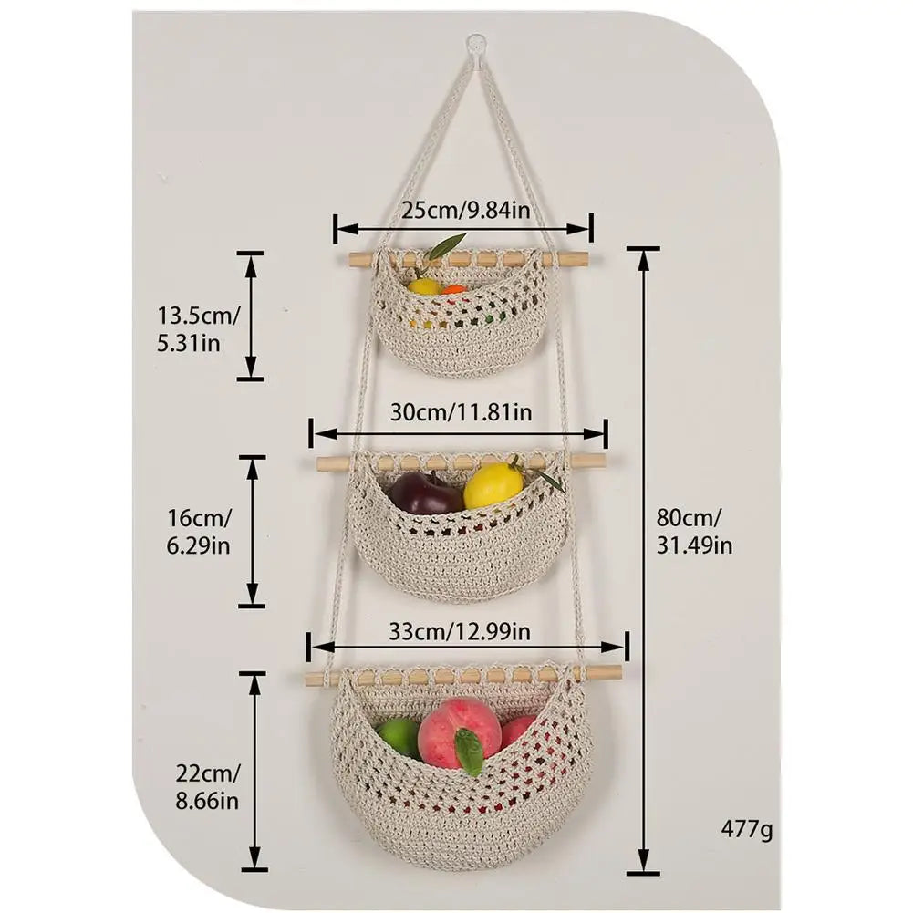 Hanging Fruit Baskets for Kitchen, 3 Tier Bohemian Wall Hanging Basket, Handwoven Teardrop Hanging Baskets for Storage