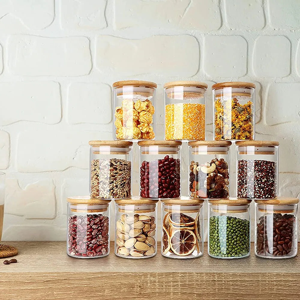 12 Pack Glass Jars Set, Spice Jars with Bamboo Lids, Clear Glass Food Storage Containers, Kitchen Canisters Set