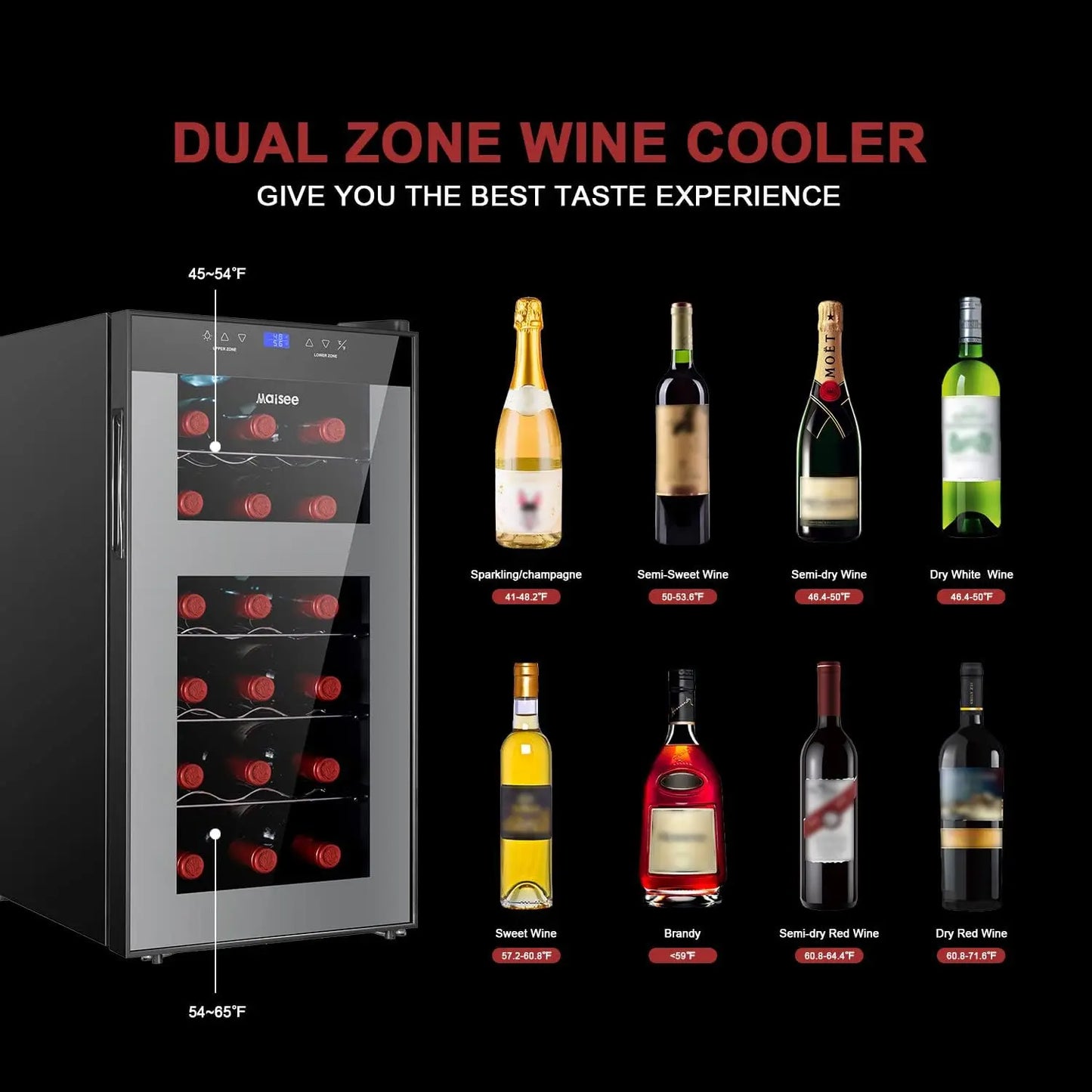 Wine Fridge Dual Zone,18 Bottles Wine Cooler Refrigerator Chiller Upper Zone 46f-54f Lower Zone 54f-65f for Red White Wine Champ