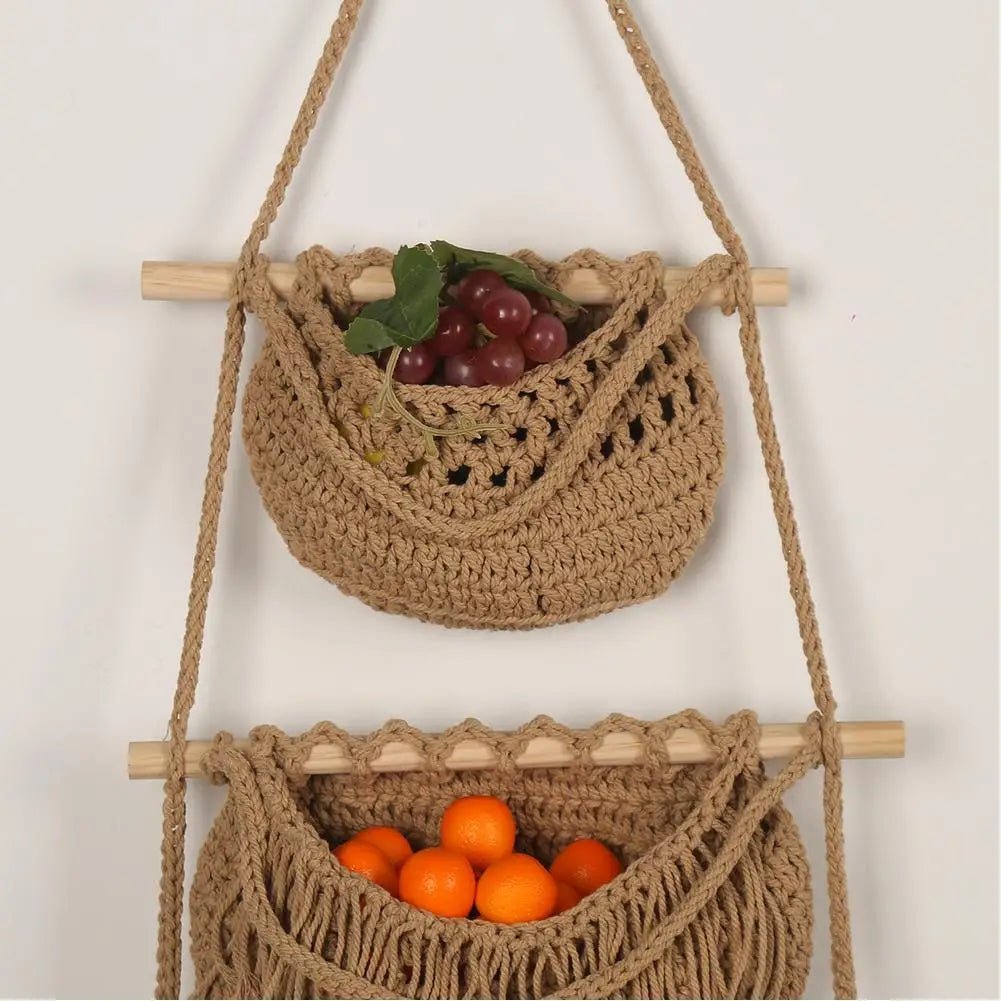 Hanging Fruit Baskets for Kitchen, 3 Tier Bohemian Wall Hanging Basket, Handwoven Teardrop Hanging Baskets for Storage