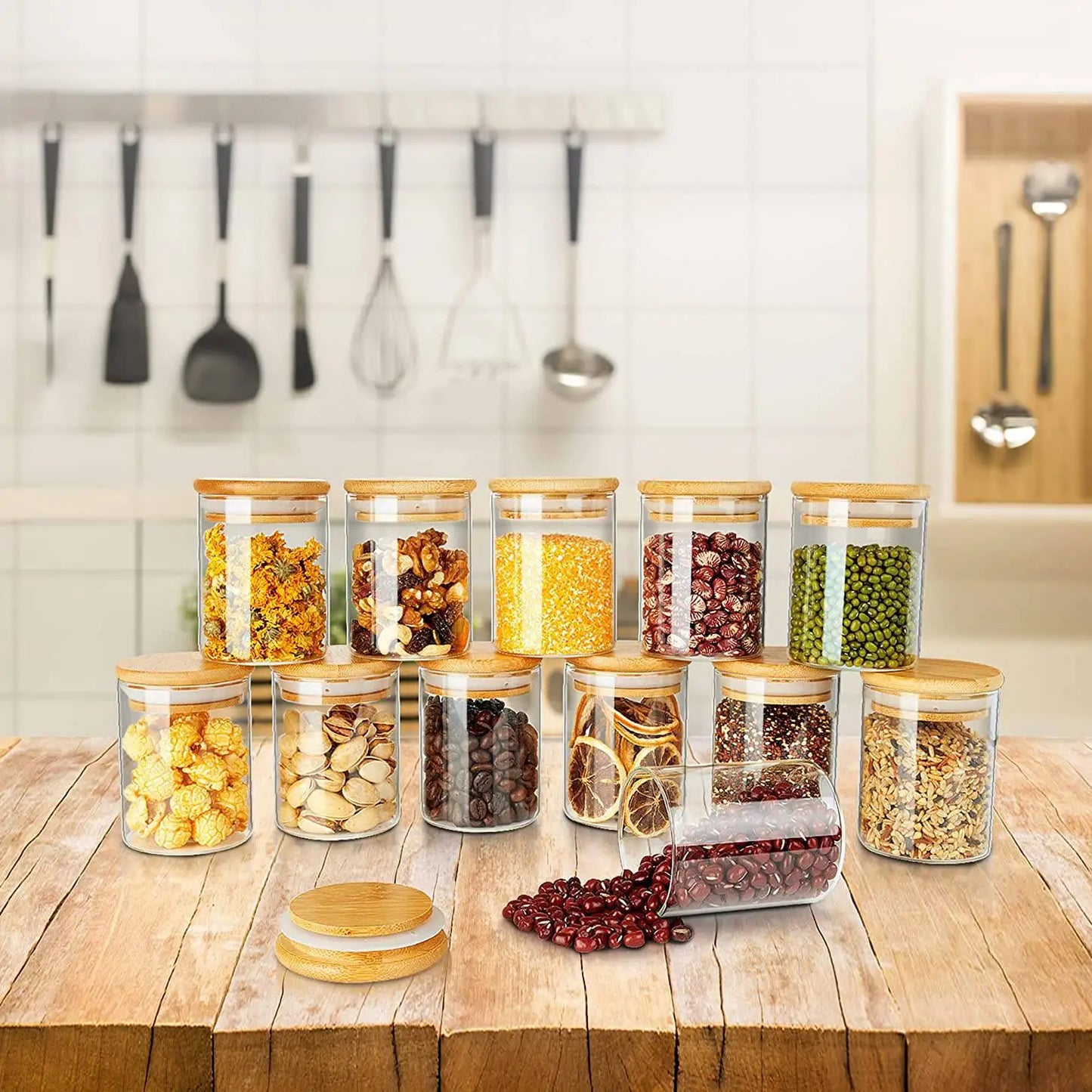 12 Pack Glass Jars Set, Spice Jars with Bamboo Lids, Clear Glass Food Storage Containers, Kitchen Canisters Set