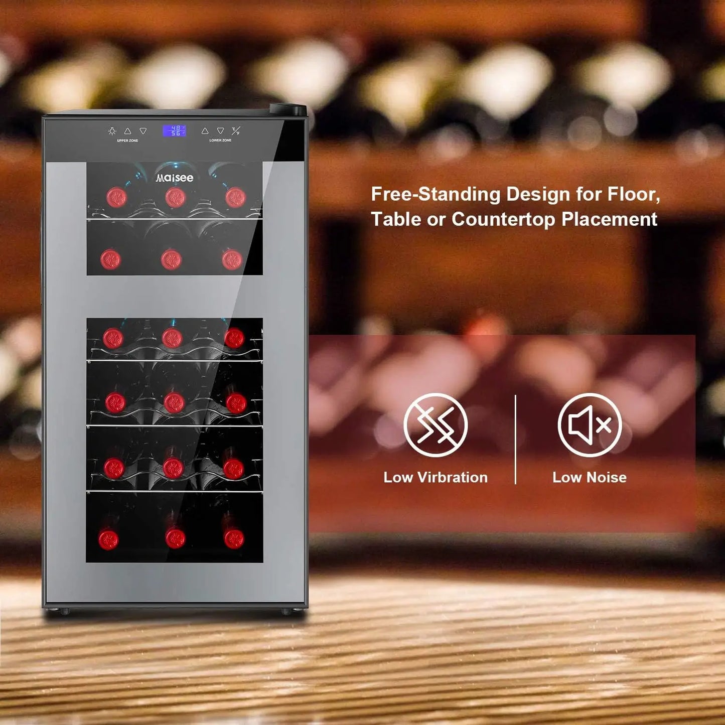 Wine Fridge Dual Zone,18 Bottles Wine Cooler Refrigerator Chiller Upper Zone 46f-54f Lower Zone 54f-65f for Red White Wine Champ