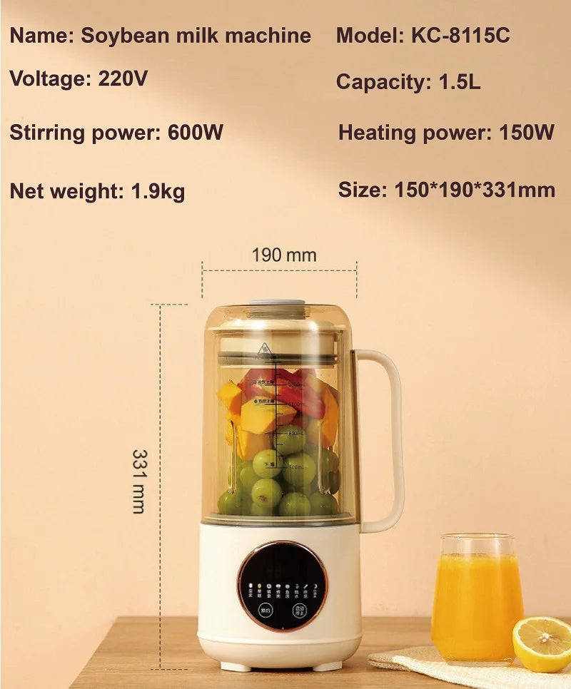 Home Soybean Milk Machine Filter-free Wall Breaking Machine Smart Mixer Electric Juicer 8 Leaf Blade Rice Paste Machine 1500ml