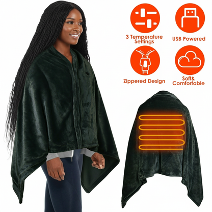 Heated Blanket Shawl – 3-Setting Electric Wrap for Home, Office & Travel | Zippered, Washable & Soft Flannel